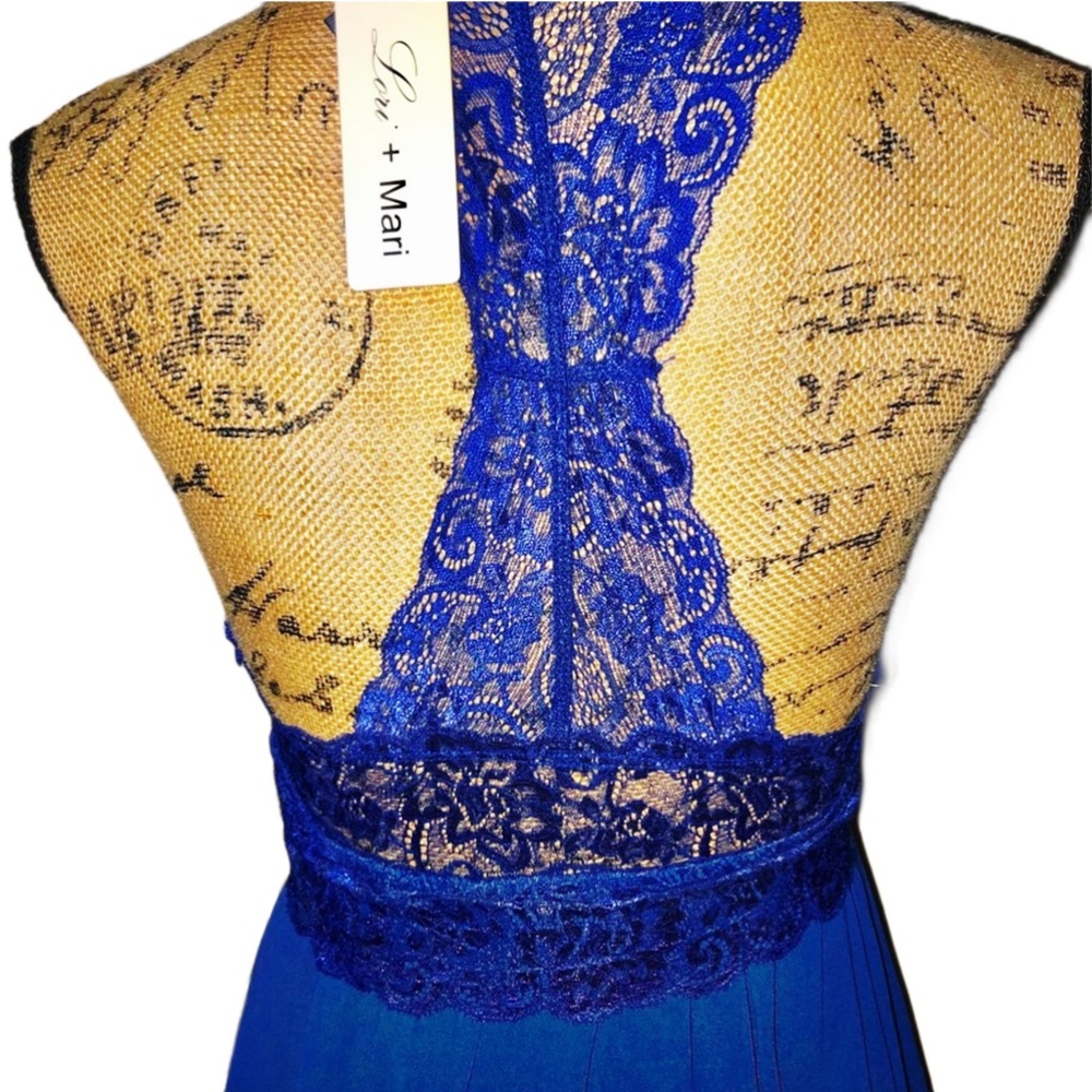 Royal Cobalt Blue Lace Chiffon Double Slit Maxi Dress - Picture 8 of 10